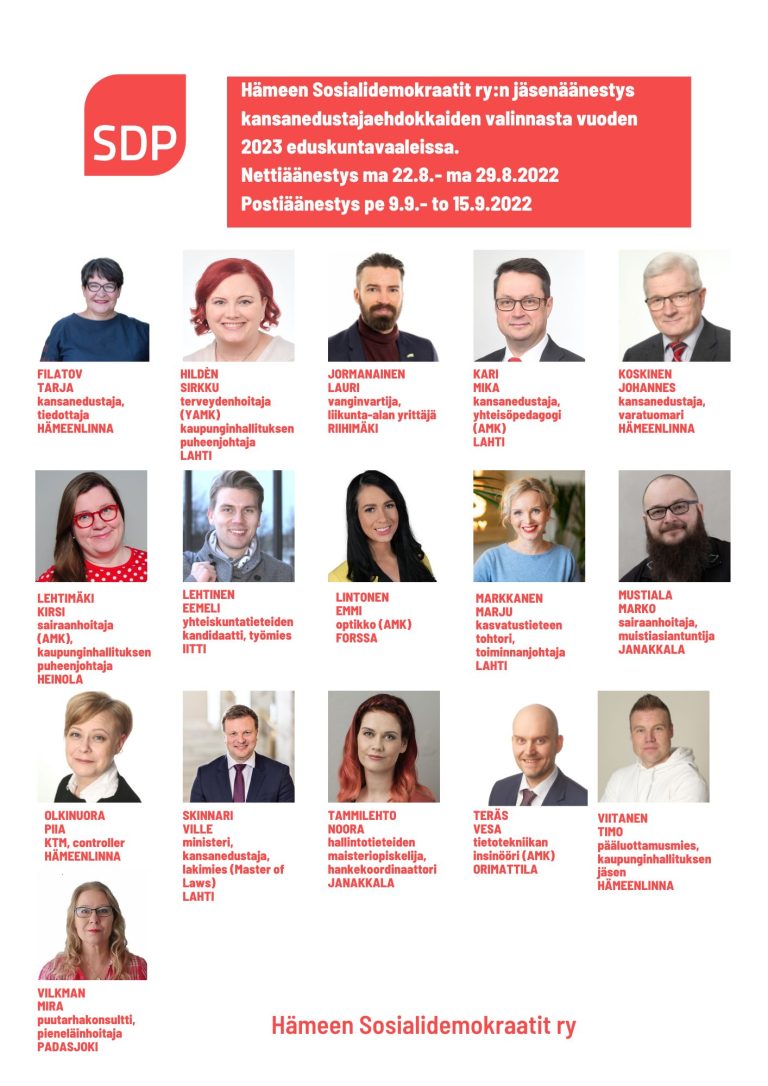 Hämeen Sosialidemokraatit ry:n jäsenäänestys kansanedustajaehdokkaiden valinnasta vuoden 2023 eduskuntavaaleissa.